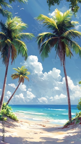 Serene beach with palm trees and gentle waves under a clear sky in sunny weather