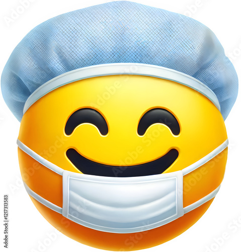  Emoji surgeon characters, emojis medical doctors and nurse emoticons wearing surgical hat and face mask elements on a transparent background.