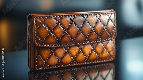 Elegant leather wallet displayed in stylish setting with soft blue lighting