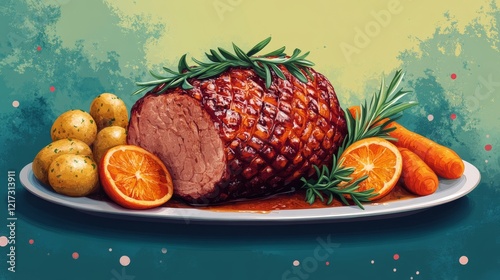 Glazed ham roast with caramelized potatoes and orange garnish on a rustic table