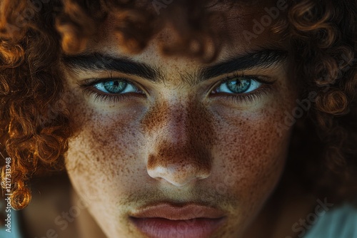 Captivating portrait of a young person with striking blue eyes and curly hair