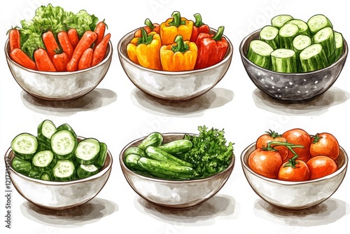 Freshly cut vegetables displayed in white bowls on a kitchen countertop durin...