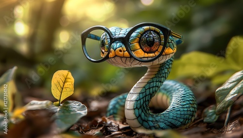 A cute snake wearing glasses, macro photography, photorealistic landscapes