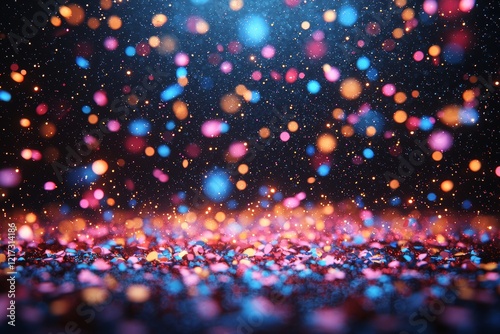On an abstract black background, colorful light fragments are accompanied by a faint bokeh effect. The scene is filled with many colorful lights that form a blurred, cinematic sparkle, complemented