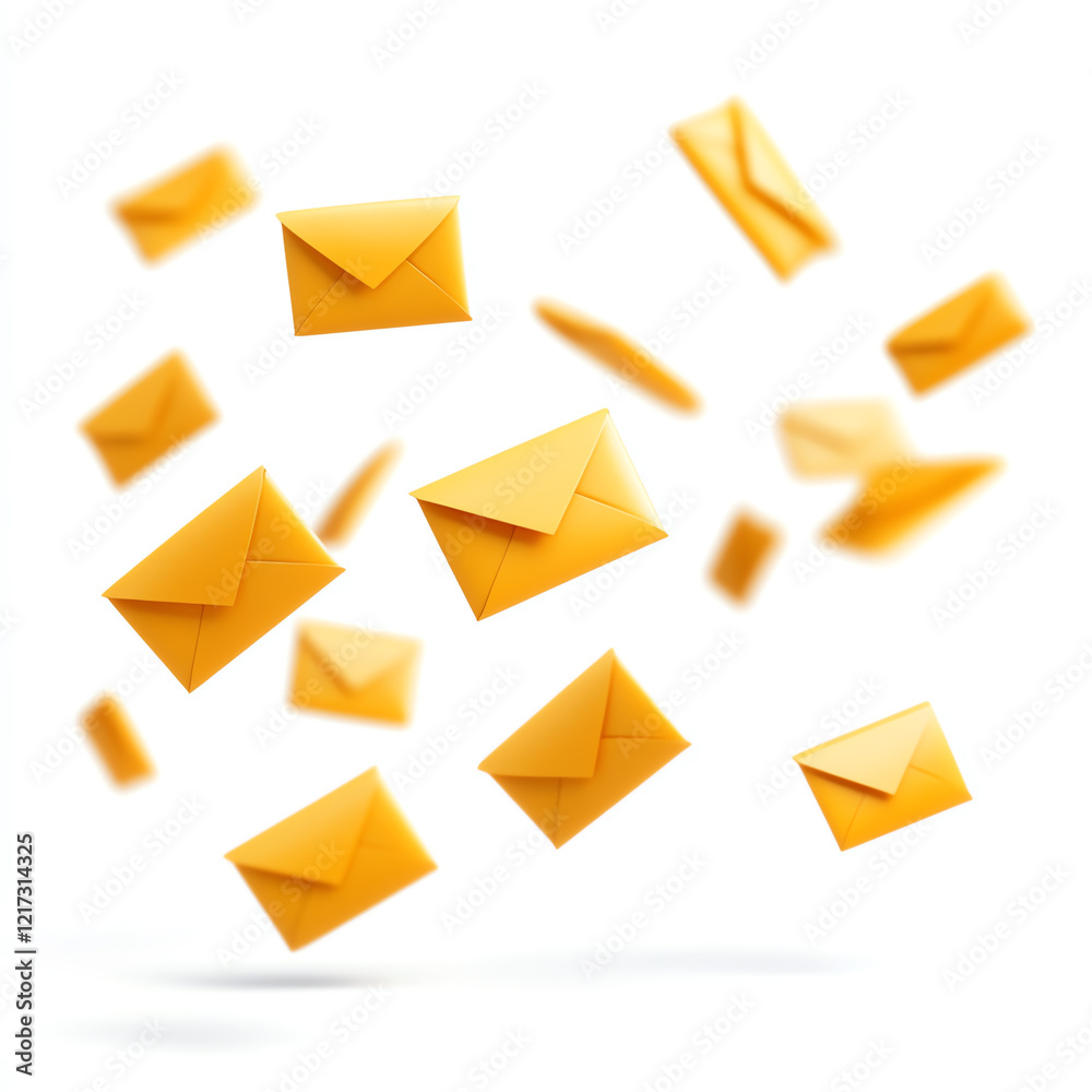 A dynamic scene of floating yellow envelopes representing communication and messaging in a digital world. A dynamic scene of floating yellow envelopes representing communication and messaging in a digital world.