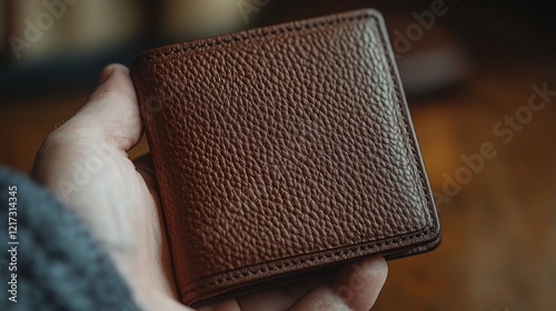 Stylish leather wallet resting on a wooden table with warm lighting in a cozy...