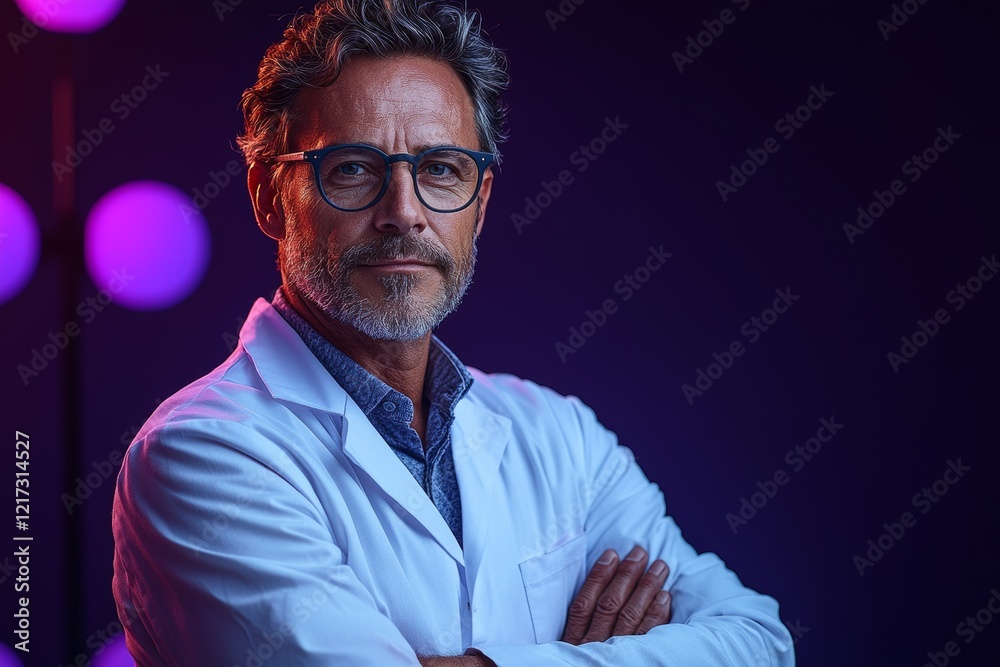 Confident doctor posing in front of a purple wall Confident doctor posing in front of a purple wall