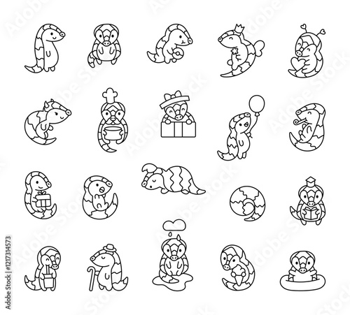 Funny pangolin scaly cartoon set showcasing delightful characters in various emotions and poses, ncluding smiling, from celebrating birthdays to enjoying donut and holding balloon.