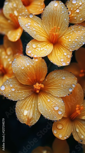 Vibrant yellow flowers glistening with raindrops in a lush garden setting