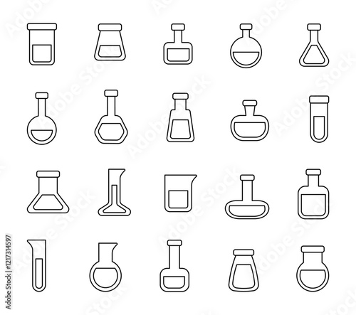 Set of cute flask lab outline clipart illustrations with various shapes, objects and equipment for scientific experiments chemistry research laboratory for yours creative design elements