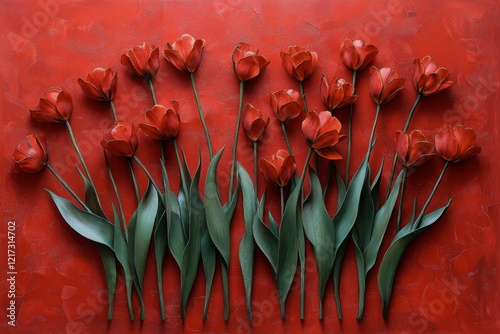 Bright red tulip bouquet against a vibrant red background in a modern floral ...