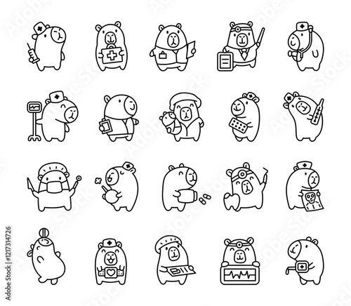 Set of capybara doctor and nurse characters in a variety of medical roles, using tools like syringe, stethoscope, thermometer, and pills, cute cartoon style for creative projects.
