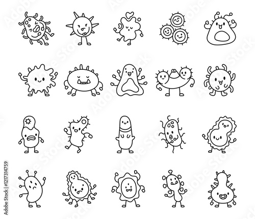Set of bacteria cartoon characters with different emotions and poses for educational and creative biology design illustrations on microbiology and science, cute kawaii clip art for learning and fun