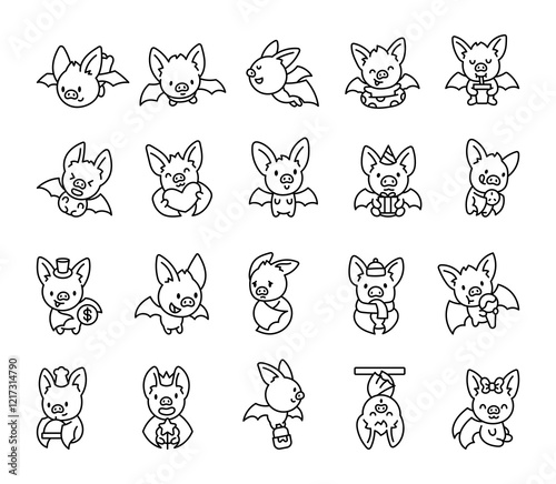 Adorable bat characters set with kawaii cartoon animals showing unique emotions and holding various accessories for celebrations, holidays, special moments, and everyday activities