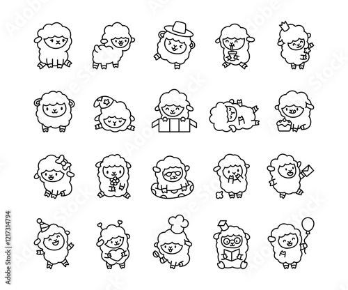 Set of cute sheep cartoon characters with various accessories and poses, including hearts, cake, balloon and creative elements like fairy wand, chef hat, and party themes