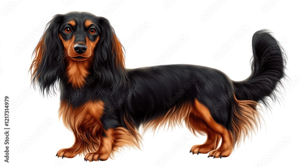 Longhaired Dachshund dog portrait, studio, white background, pet illustration Longhaired Dachshund dog portrait, studio, white background, pet illustration