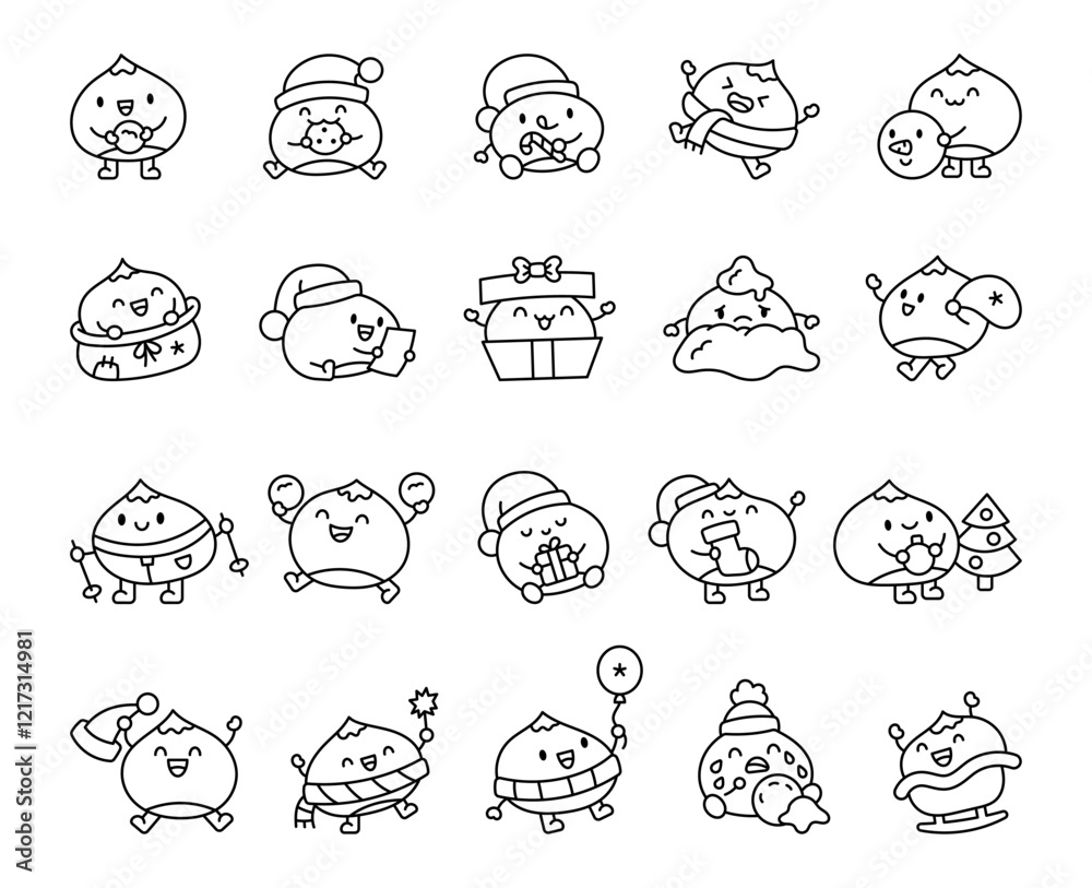 Obraz premium Adorable chestnut and christmas cartoon characters set featuring kawaii cute emotions and accessories for winter holidays, snowmen, gifts, decorations, and cheerful holiday spirit