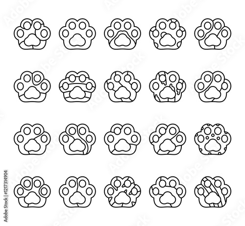 Set of adorable taba paw animal prints with unique different details and soft shapes in outline illustrated clip art design for your creative stylish projects