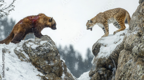 thrilling wildlife showdown: wolverine vs lynx on snowy mountain landscape in winter confrontation photo