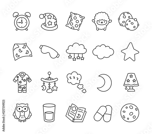 Bedtime sleep object set with cute illustrations of pillow, cloud, star, moon, pajamas, sheep, cookies, nightcap, mobiles, eye mask, blanket, and dreamy accessories for relaxation