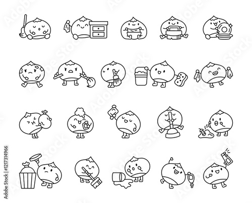 Set of chestnut characters performing fun cleaning tasks using household tools in cute kawaii cartoon style, showcasing emotions, activities for creative domestic illustrations