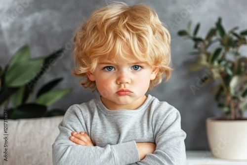 A young child crossing their arms and pouting in defiance, their expression stubborn and filled with anger photo