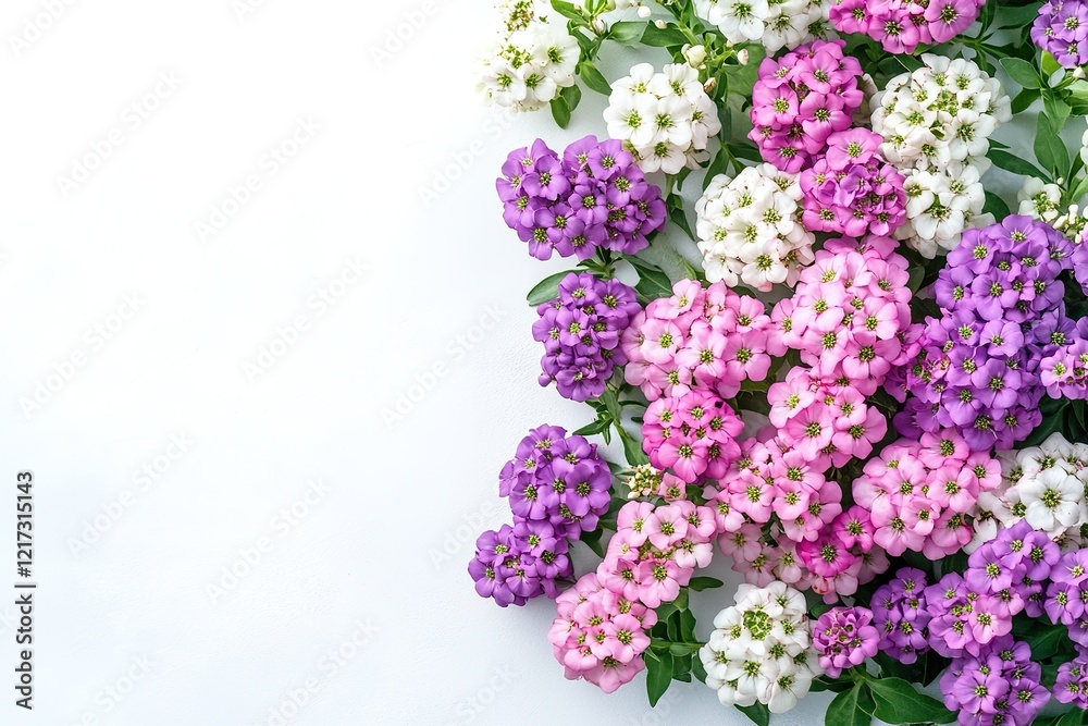 violet hortenzia flowers and green leaves over white background violet hortenzia flowers and green leaves over white background