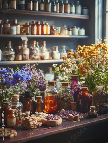 Variety of herbs and flowers for medicinal purposes.