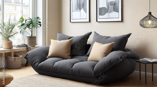Modern grey sofa with decorative cushions displayed in a stylish living room ...