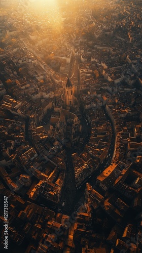 Stunning sunset over city skyline with long road leading into the horizon