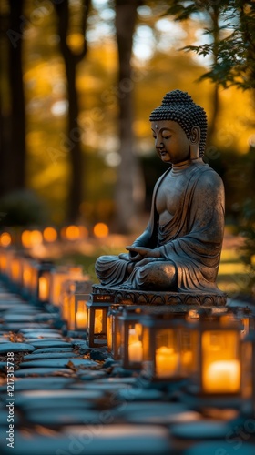 Serene Buddha statue surrounded by glowing lanterns in tranquil setting at dusk