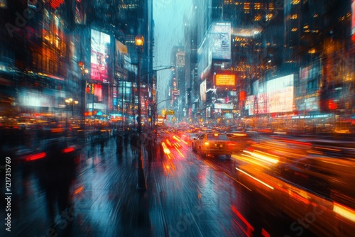Vibrant city life at dusk with blurred neon lights and traffic in a bustling ...