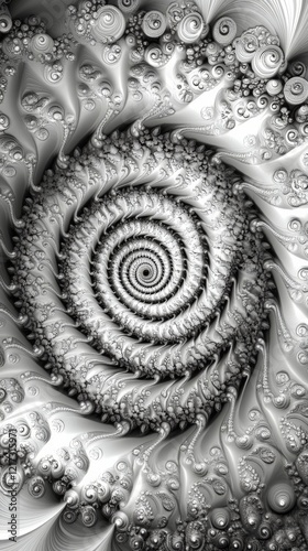 Intricate spiral pattern of textured shapes in black and white revealing fasc...