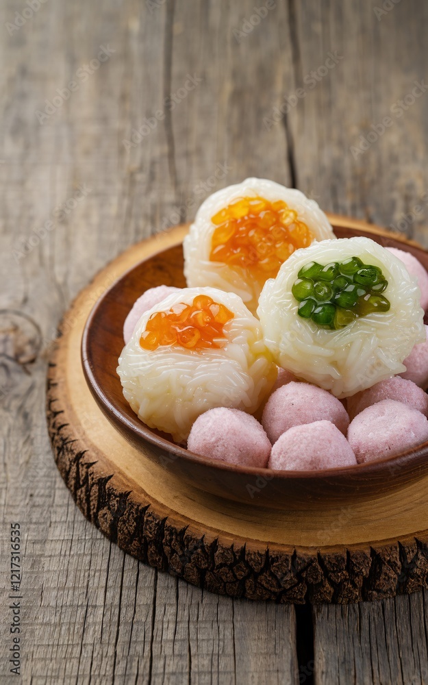 Tangyuan on Wooden Platter, Colorful sweet rice balls on wooden plate. Tangyuan on Wooden Platter, Colorful sweet rice balls on wooden plate.