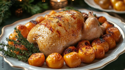 Delicious roasted chicken with herbs and vegetables for a festive meal during...