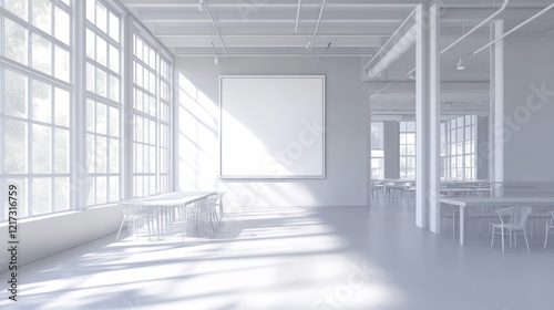 Empty modern loft interior, blank canvas, sunlight, dining area. Possible use Mockup photo