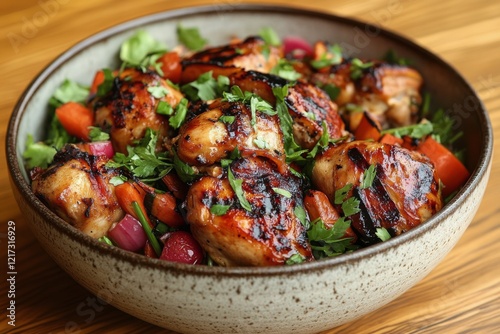 Delicious roasted chicken with colorful vegetables and herbs prepared in a co...