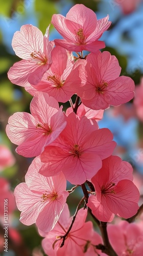 Vibrant pink flowers blooming on a branch in a sunny garden during springtime
