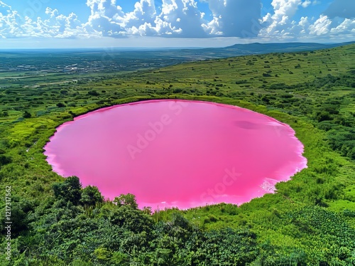 From above, the pink salt lakes can be seen bordering the coast at Ria Largatos Natural Park, Río Lagartos, Yucatan, Mexico photo