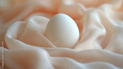 Simple white egg resting on soft, pale fabric in a serene setting