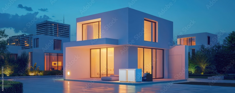 Fototapeta premium battery storage efficiency grid concept. Modern house illuminated at dusk