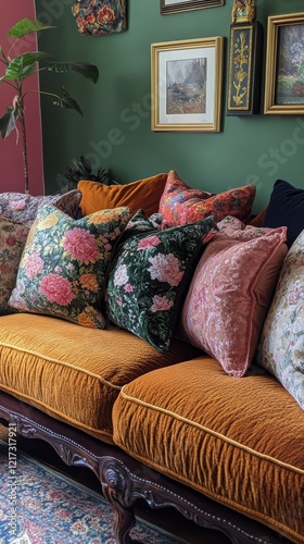 Cozy living room with colorful pillows on a stylish sofa surrounded by indoor...