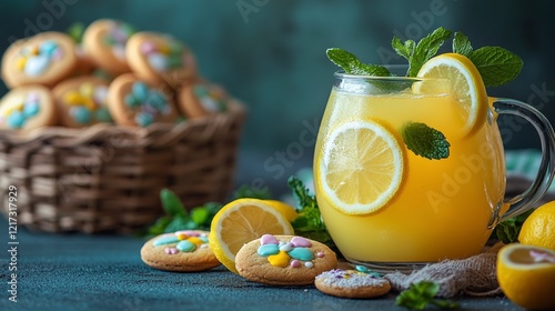 Refreshing lemonade with lemon slices and mint served with colorful cookies a...
