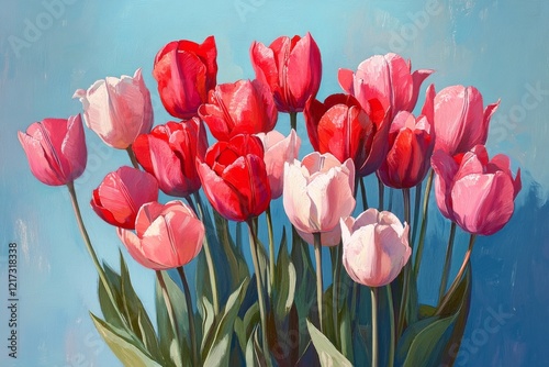 Colorful bouquet of tulips in various shades against a blue background displa...