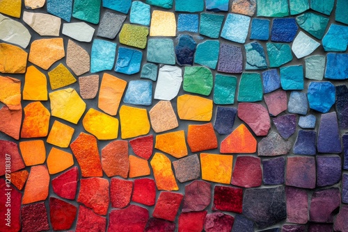 Colorful mosaic wall artwork displays vibrant hues and unique shapes in creat...