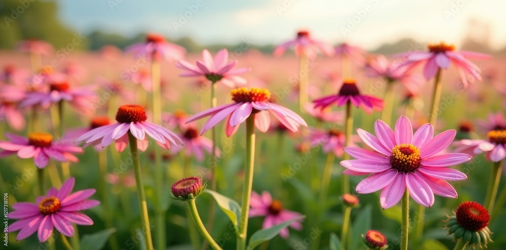 Field of pink Echinacea flowers swaying in the wind, flowers of echoia, flowers field Field of pink Echinacea flowers swaying in the wind, flowers of echoia, flowers field