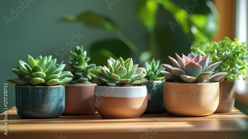 Succulent plants arranged in pots on a wooden table in a bright interior setting