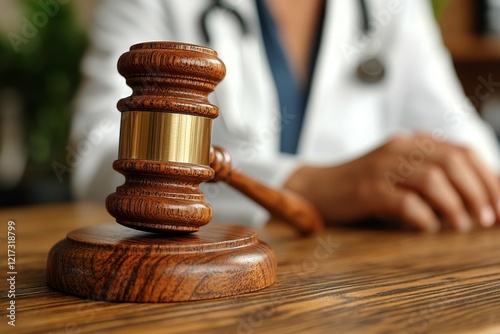 Detailed image of a gavel held by a judge, with a doctor in the background writing while wearing a stethoscope
