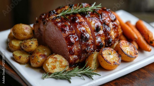 Perfectly roasted meat served with vegetables and citrus in a cozy dining set...