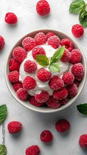 Creamy vanilla ice cream topped with fresh raspberries and mint leaves in a bowl